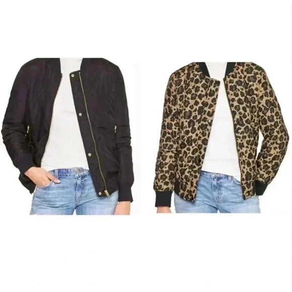 GAP Reversible 2-in-1 Black and Leopard Bomber Jacket Small‎ - Picture 1 of 6